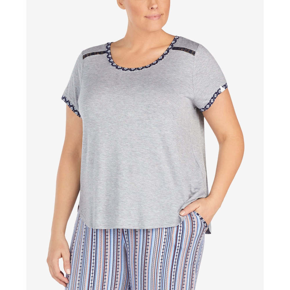 Layla Womens Plus Size Contrast Trim Lace  Pajama Top,Grey Heather,3X